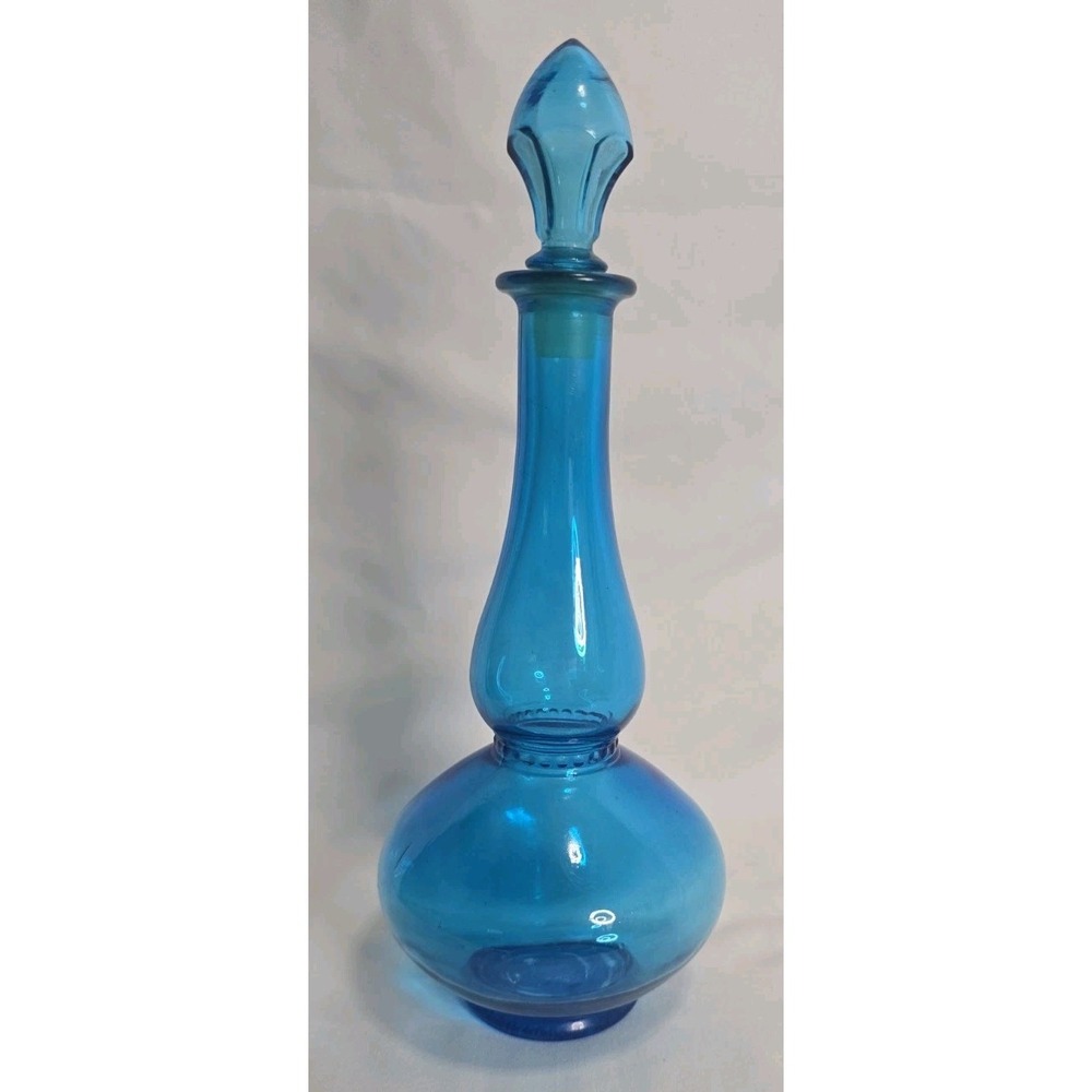 Vintage Mid-Century Modern Belgian Blue Glass "Genie Bottle" Decanter 1960s